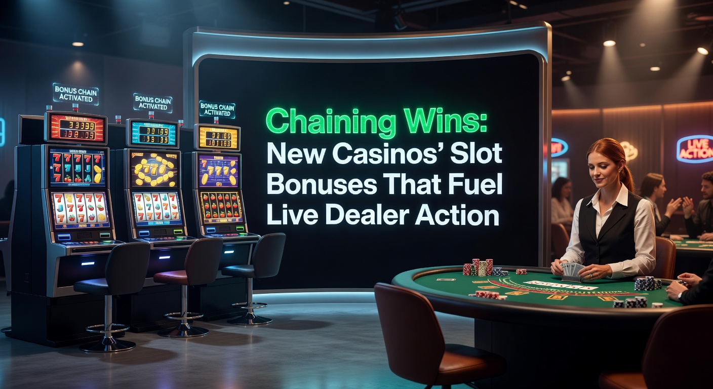 Vibrant slot machine display showing cascading wins and bonus chains leading to live dealer table previews in a modern online casino interface