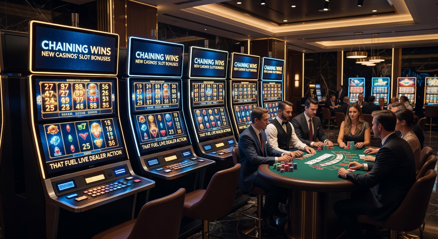 Live dealer blackjack table integrated with slot bonus meters showing chained win transfers in real-time on a sleek casino app