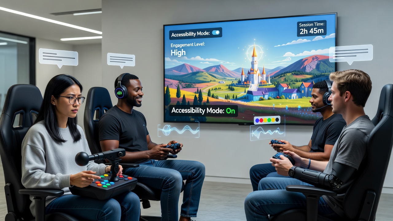 A diverse group of gamers using customizable controls and screen readers on tablets and phones in a modern gaming lounge