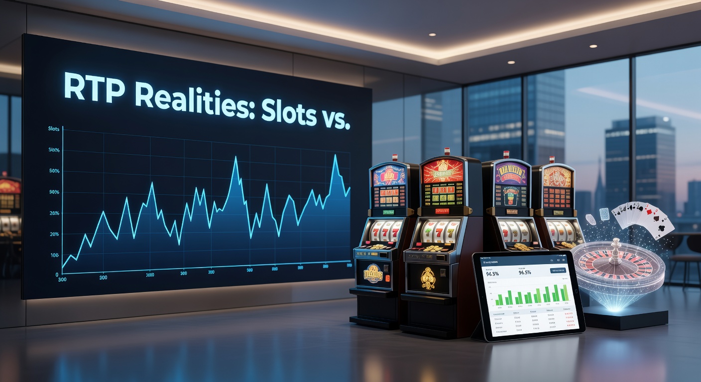 Digital slot machine reels spinning with vibrant graphics next to a blackjack table setup, highlighting RTP comparisons in casino gaming