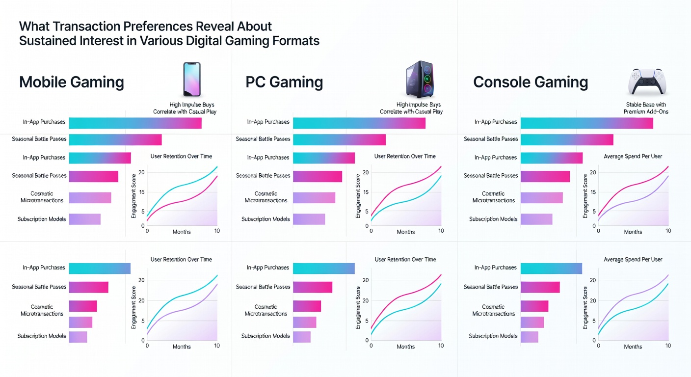 Analytics dashboard displaying transaction trends and player retention metrics across digital gaming formats
